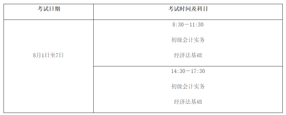 初級會計考試時間