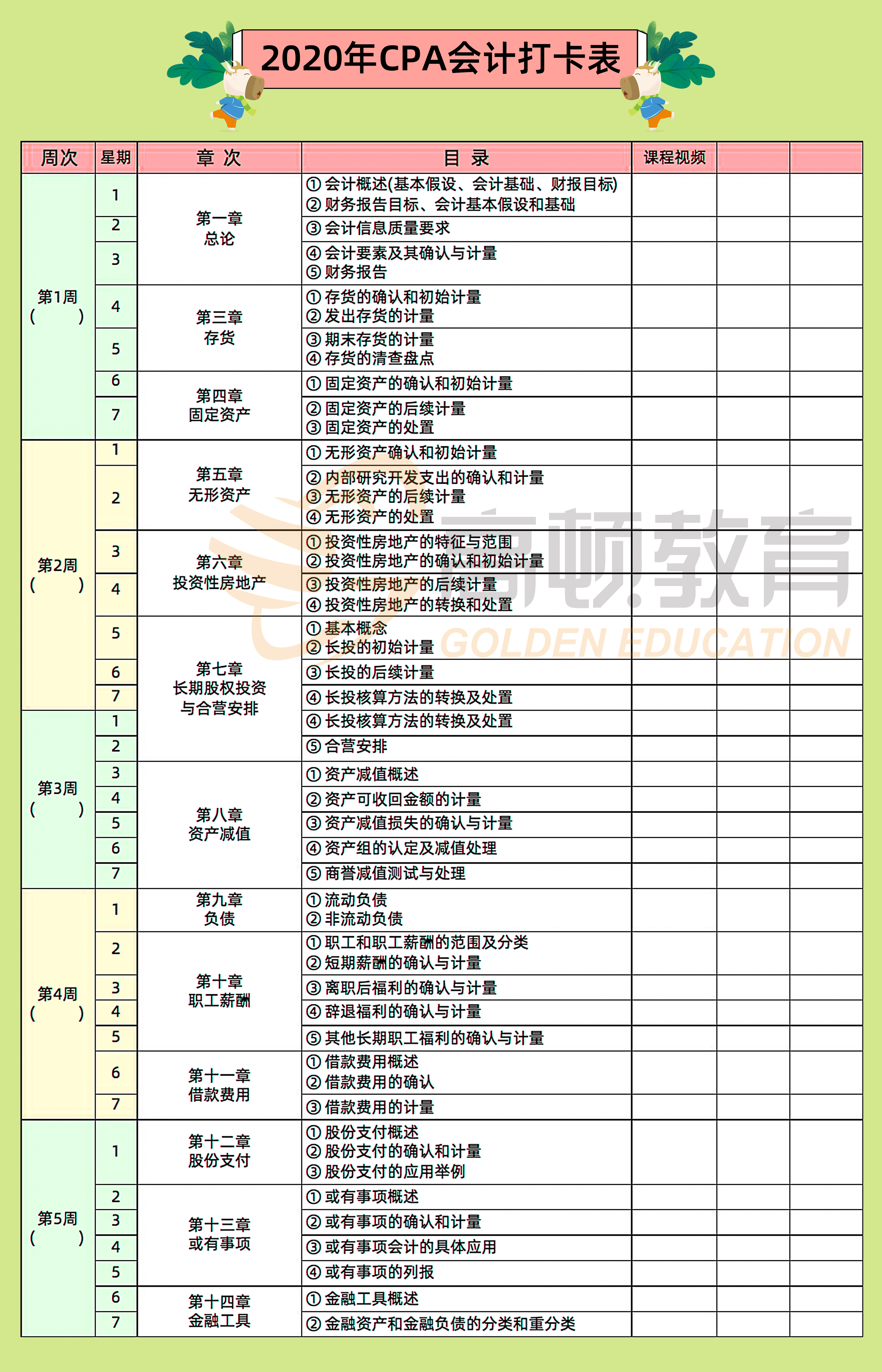 CPA会计学习打卡表