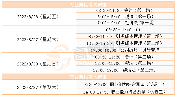 2022年注册会计师考试时间安排