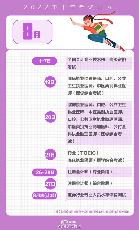 2022下半年考试日历