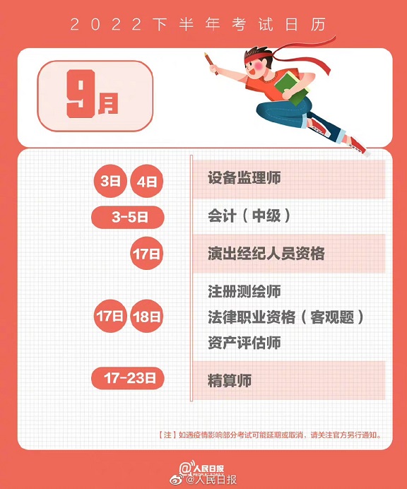 2022下半年考试日历