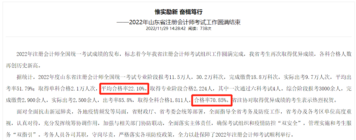 山东注册会计师考试通过率